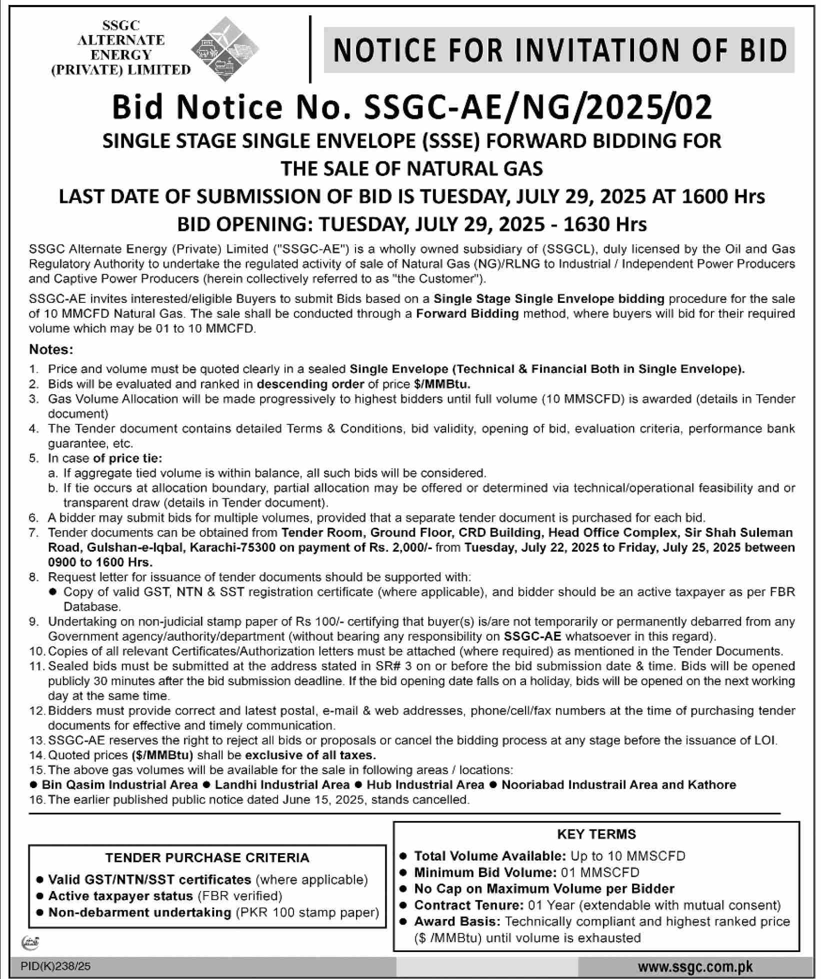 SSGC Alternate Energy Private Limited Tender Notice